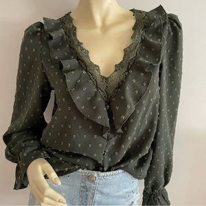 Green V-neck Swiss dot ruffled long sleeved top